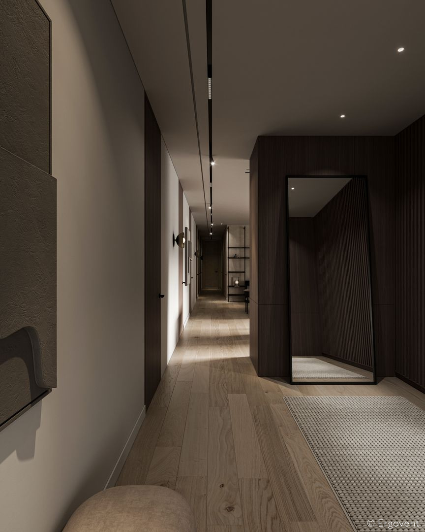 Tmavá chodba s lineární vyústkou klimatizace