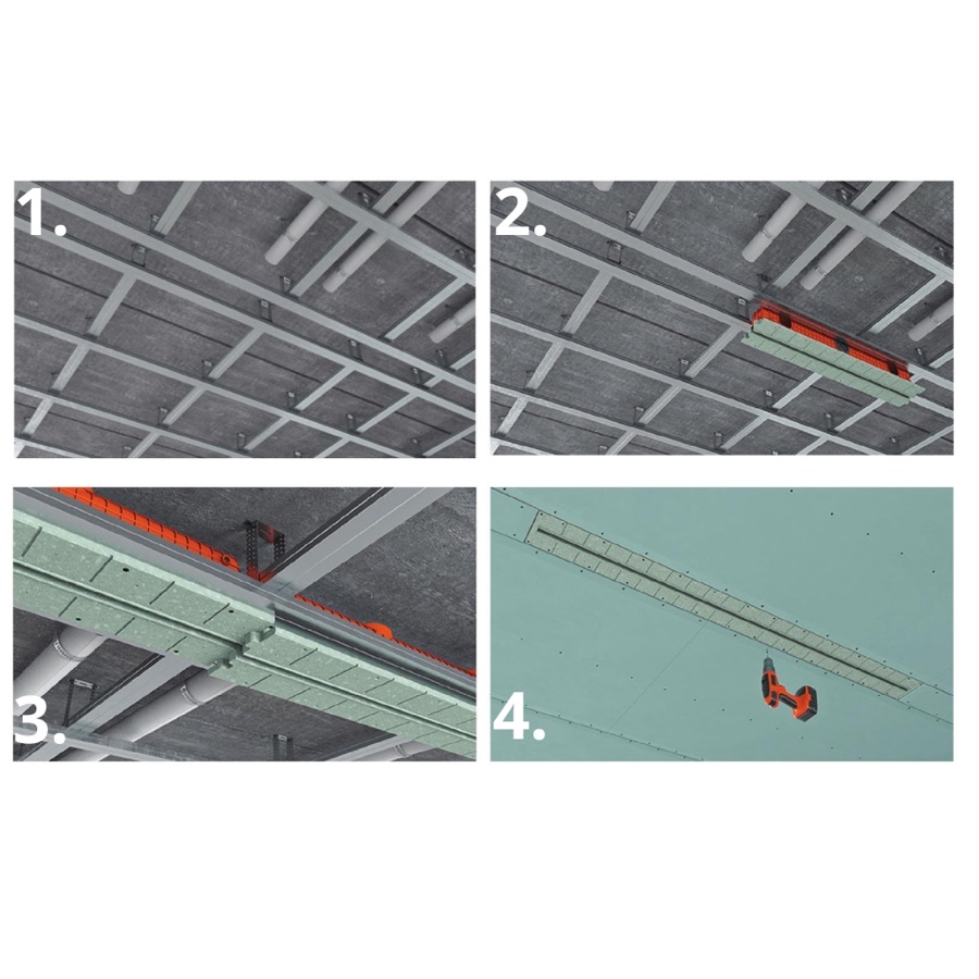 Postup instalace vyústky Ergovent Lineo Condi do sádrokartonového podhledu ve čtyřech krocích